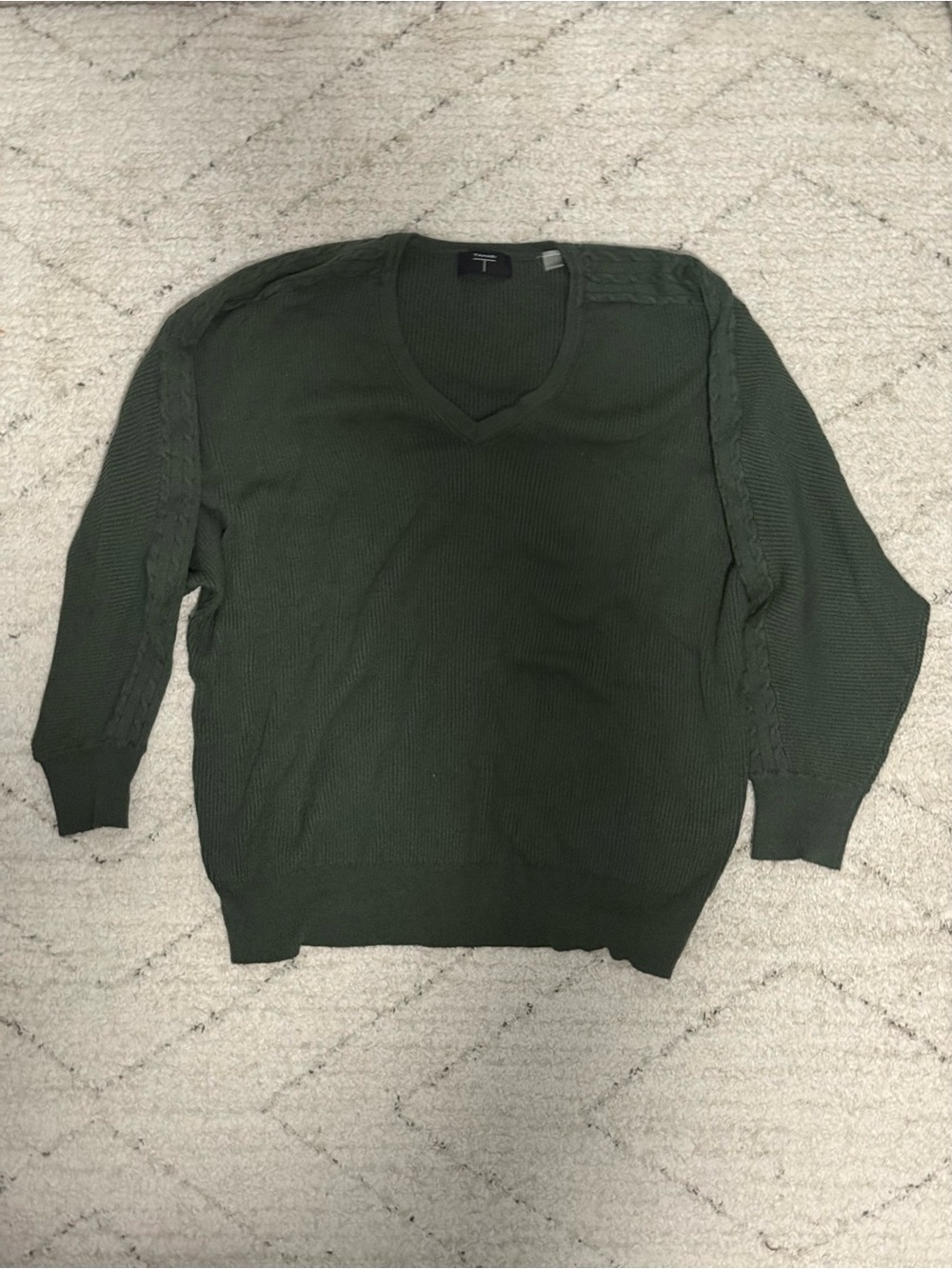 V-Neck Cable-Trim Sweater - Dark Green